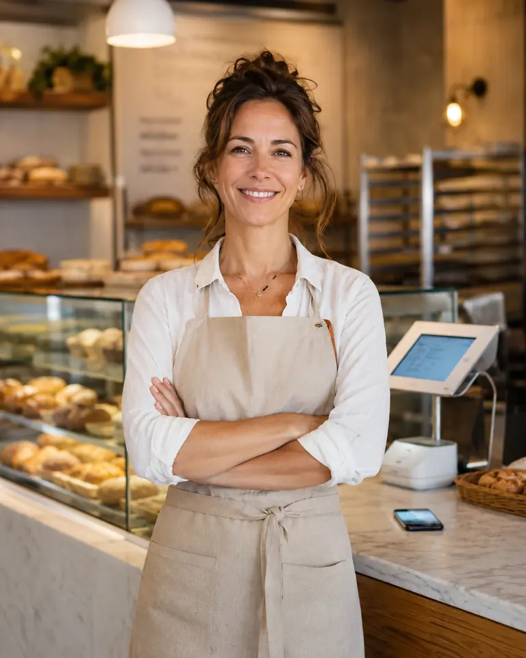 Smiling bakery owner standing confidently in her digitally enabled bakery